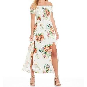 Floral smoked off the shoulder maxi dress